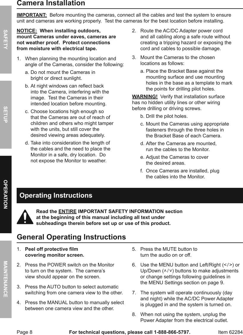 Page 8 of 12 - Manual For The 62284 Color Security System With Night Vision