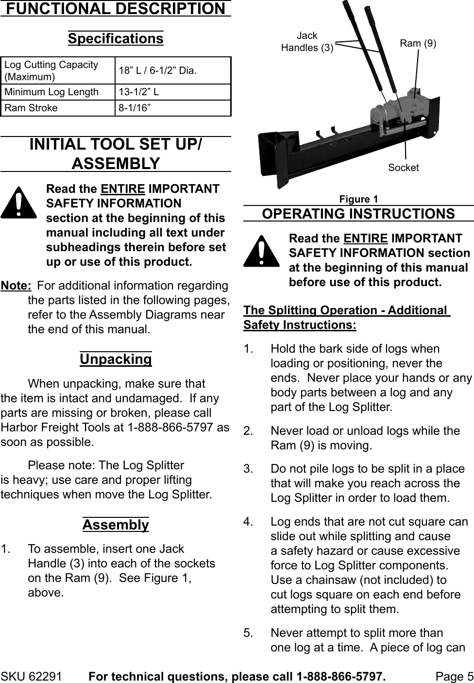 Page 5 of 12 - Manual For The 62291 10 Ton Hydraulic Log Splitter