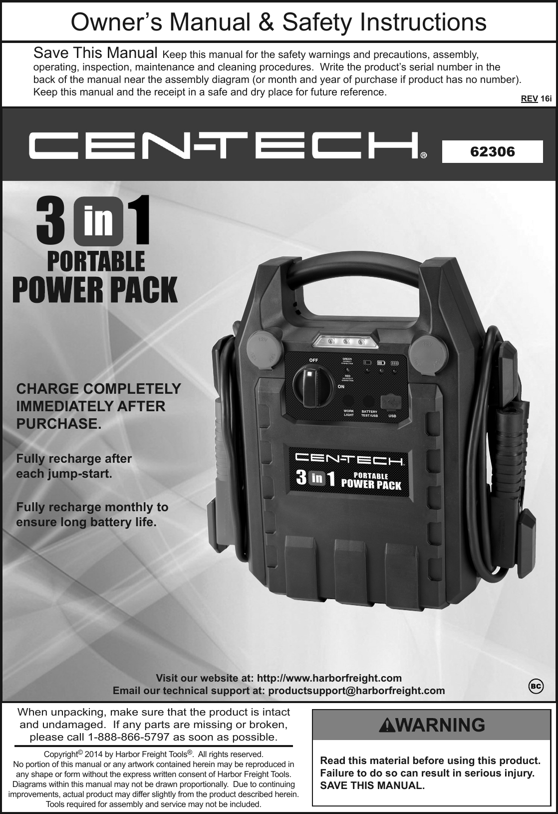 Page 1 of 12 - Manual For The 62306 3-in-1 Portable Power Pack With Jump Starter