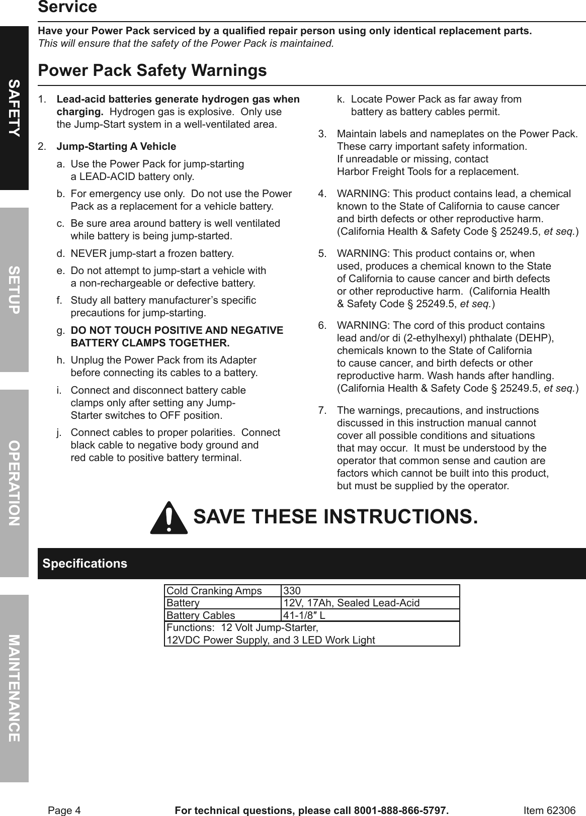 Page 4 of 12 - Manual For The 62306 3-in-1 Portable Power Pack With Jump Starter