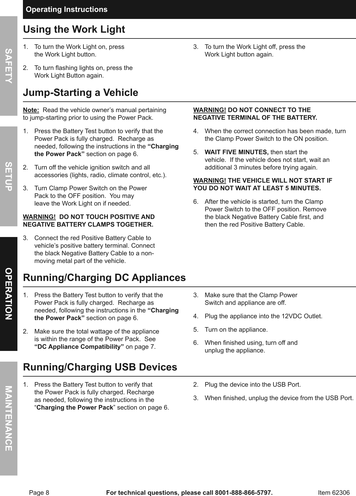 Page 8 of 12 - Manual For The 62306 3-in-1 Portable Power Pack With Jump Starter