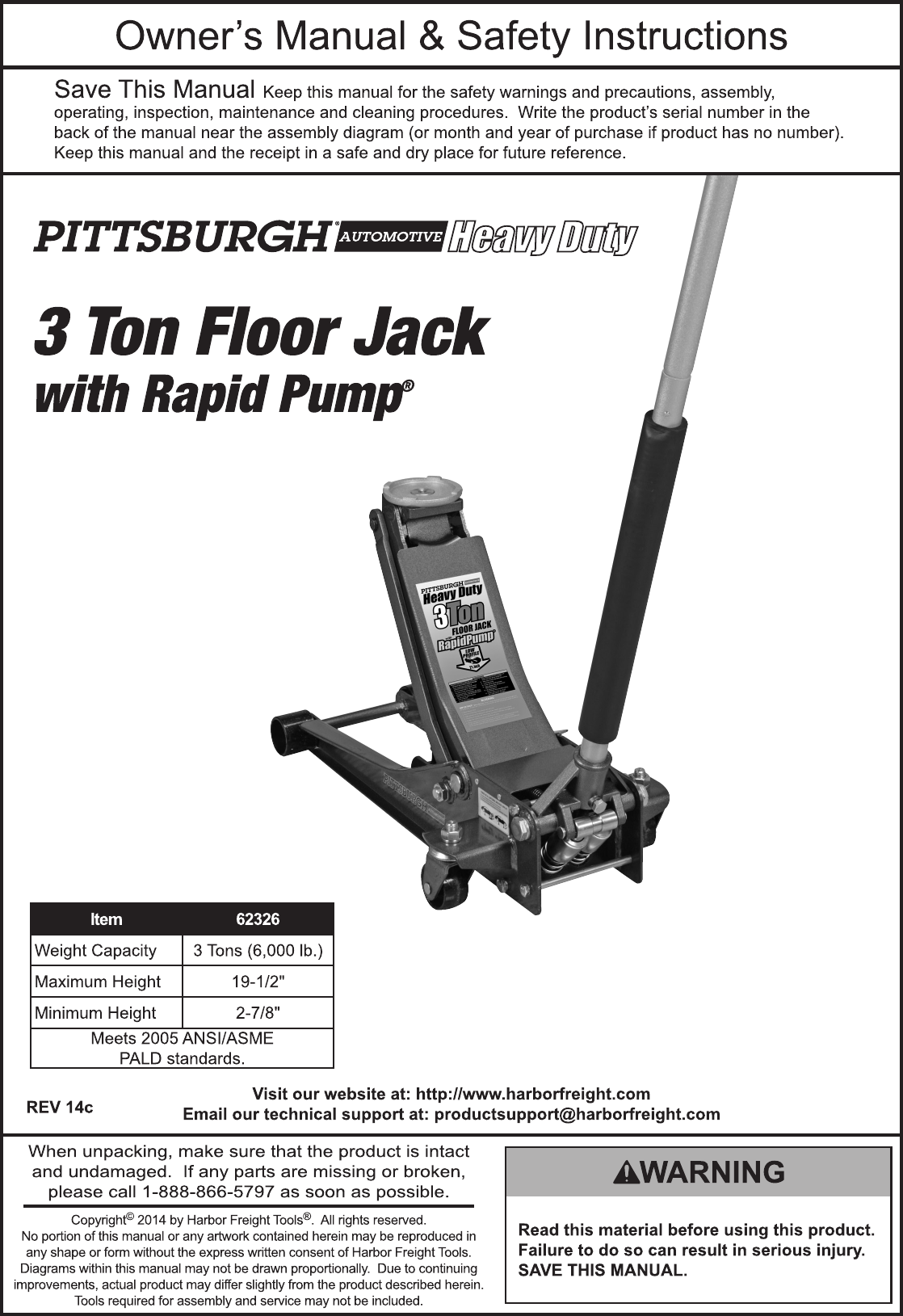 Manual For The 62326 3 Ton Low Profile Steel Heavy Duty Floor Jack With  Rapid Pump®