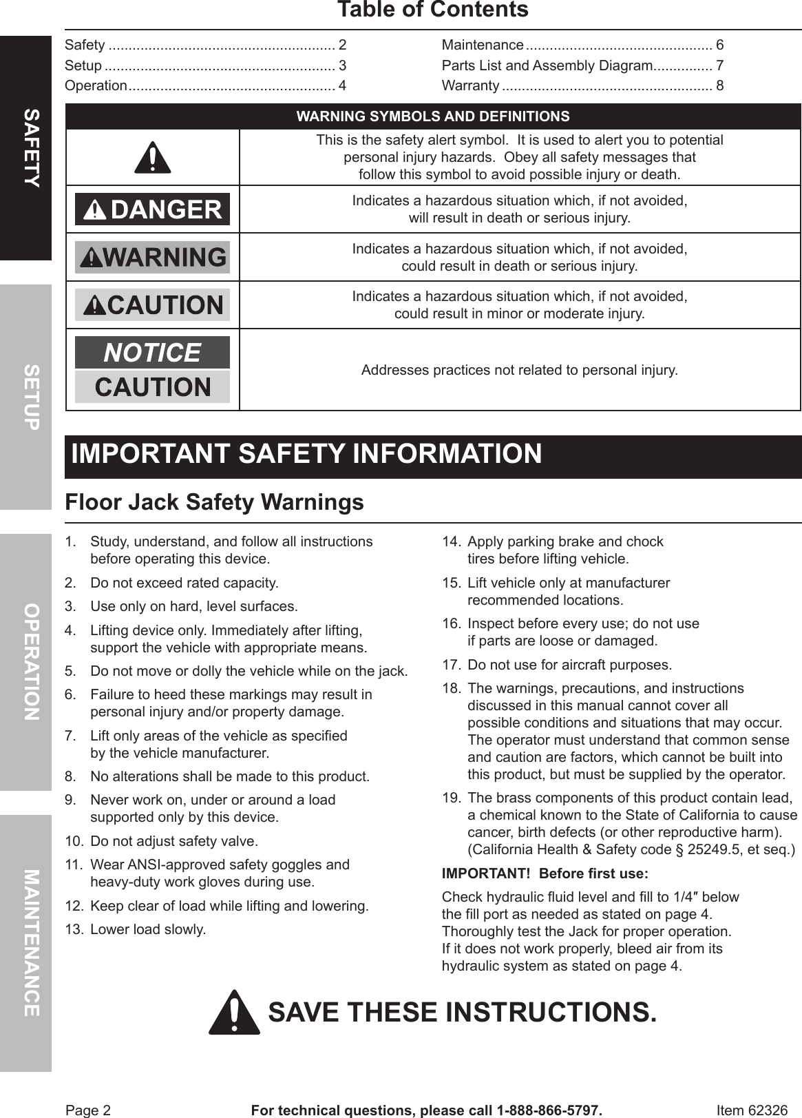 Page 2 of 8 - Manual For The 62326 3 Ton Low Profile Steel Heavy Duty Floor Jack With Rapid Pump®