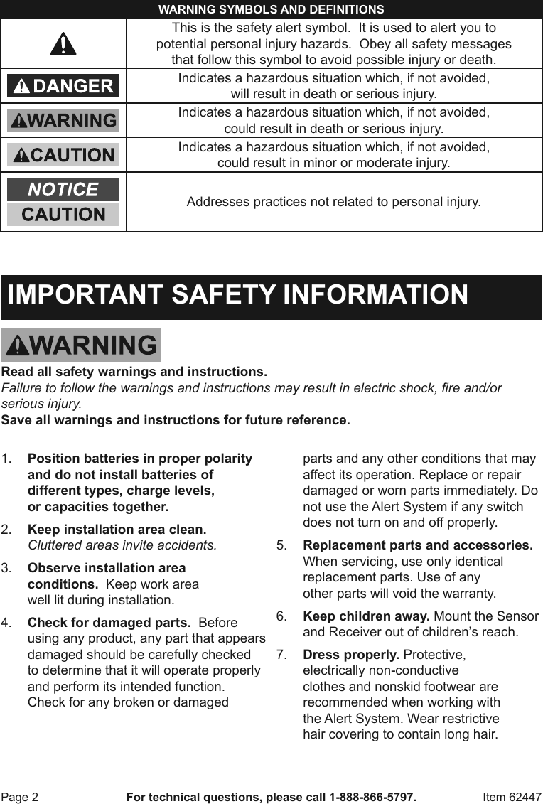Page 2 of 8 - Manual For The 62447 Wireless Security Alert System