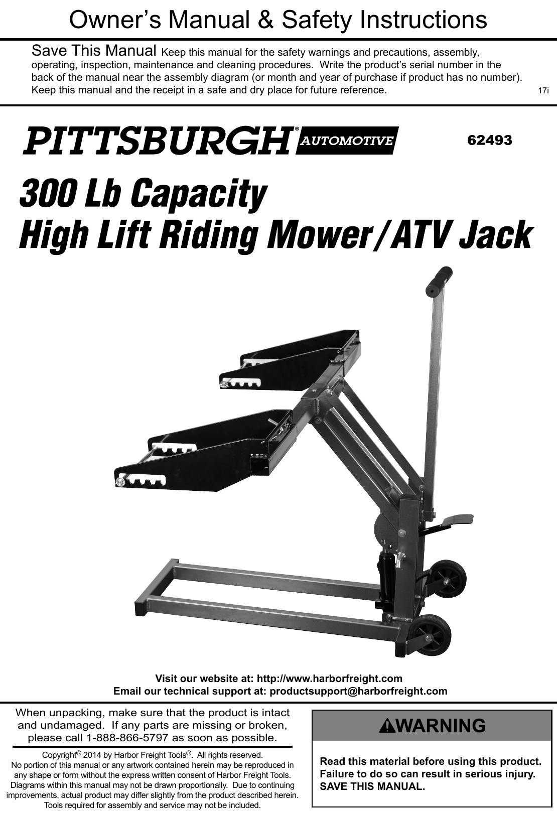 Page 1 of 12 - Manual For The 62493 High Lift Riding Lawn Mower / ATV