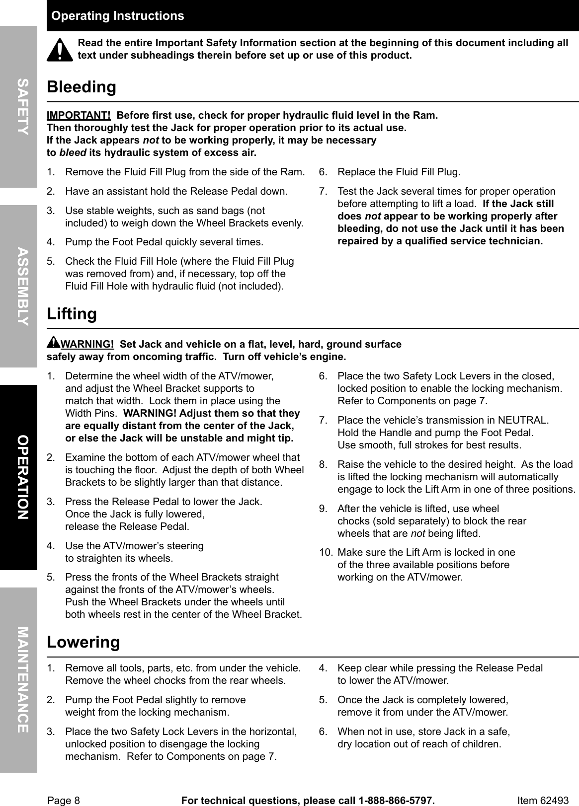 Page 8 of 12 - Manual For The 62493 High Lift Riding Lawn Mower / ATV