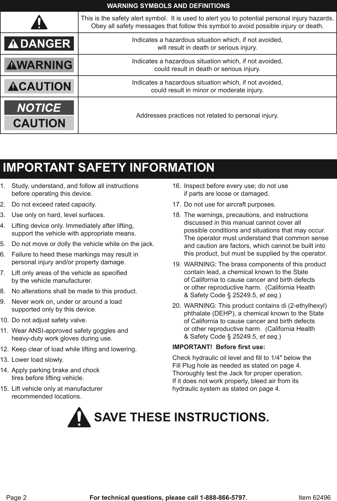 Page 2 of 8 - Manual For The 62496 1.5 Ton Compact Aluminum Racing Floor Jack With Rapid Pump®