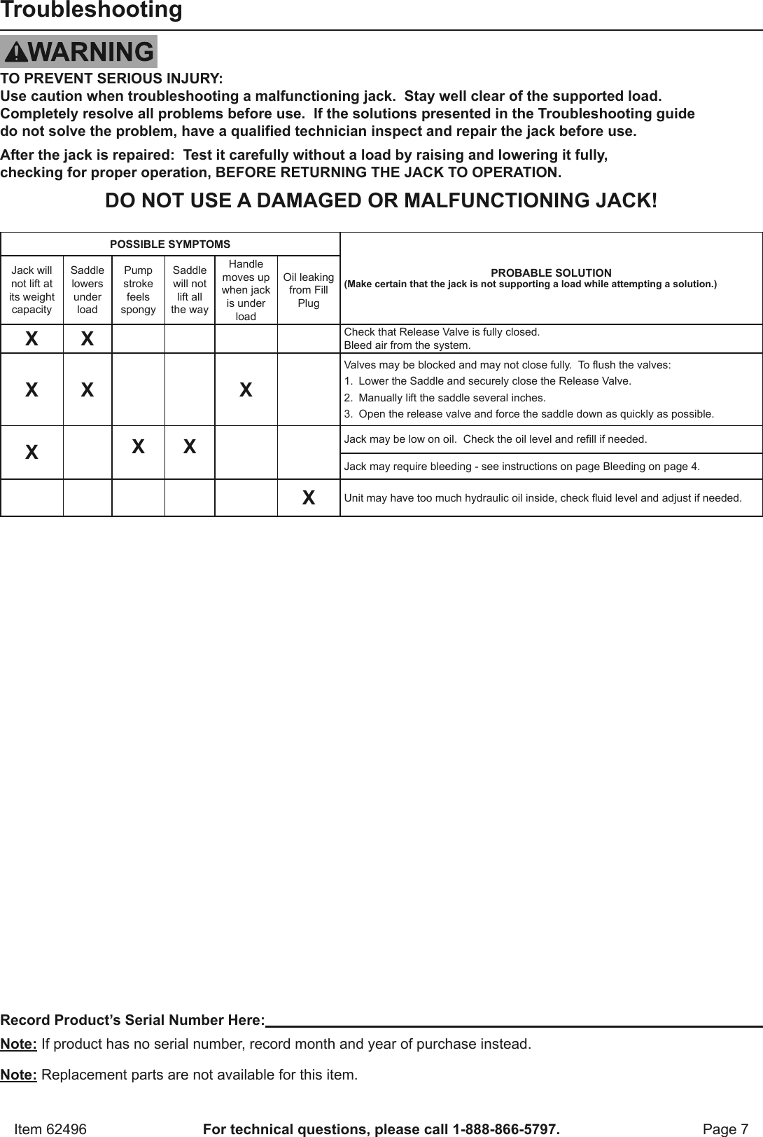 Page 7 of 8 - Manual For The 62496 1.5 Ton Compact Aluminum Racing Floor Jack With Rapid Pump®