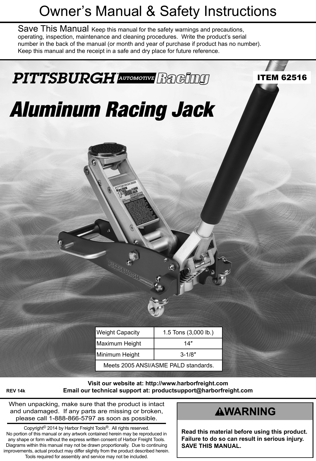 Page 1 of 8 - Manual For The 62516 1.5 Ton Compact Aluminum Racing Floor Jack With Rapid Pump®