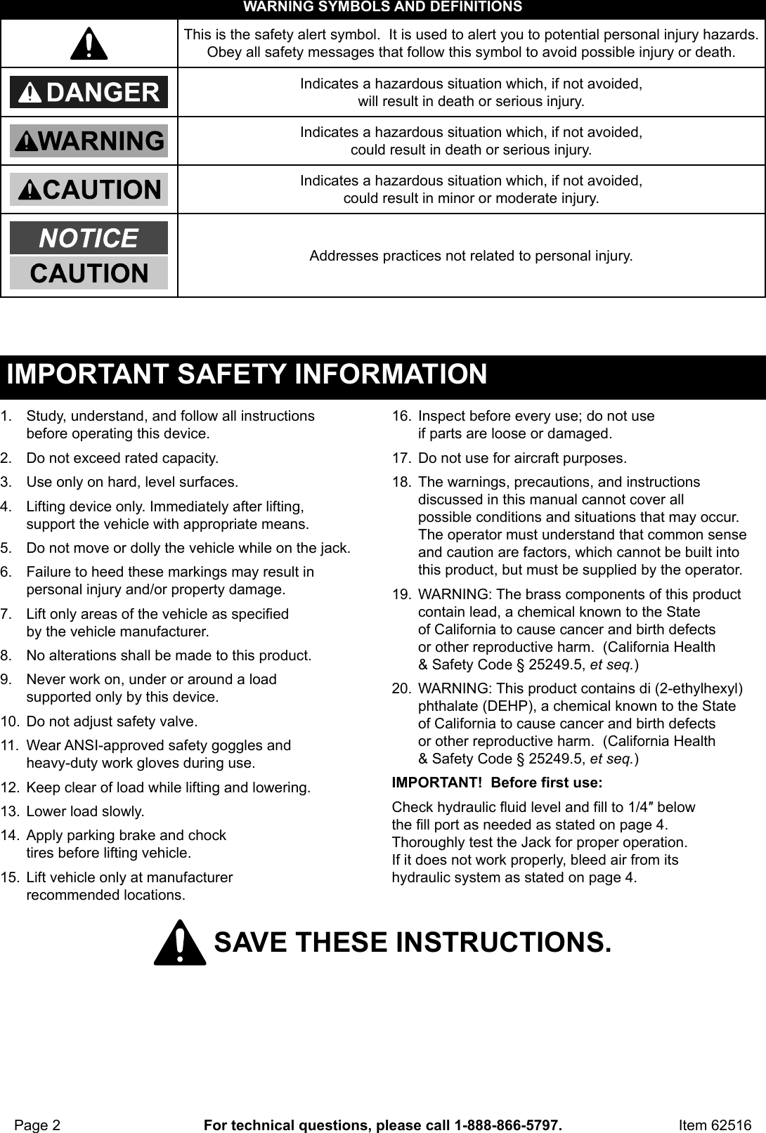 Page 2 of 8 - Manual For The 62516 1.5 Ton Compact Aluminum Racing Floor Jack With Rapid Pump®