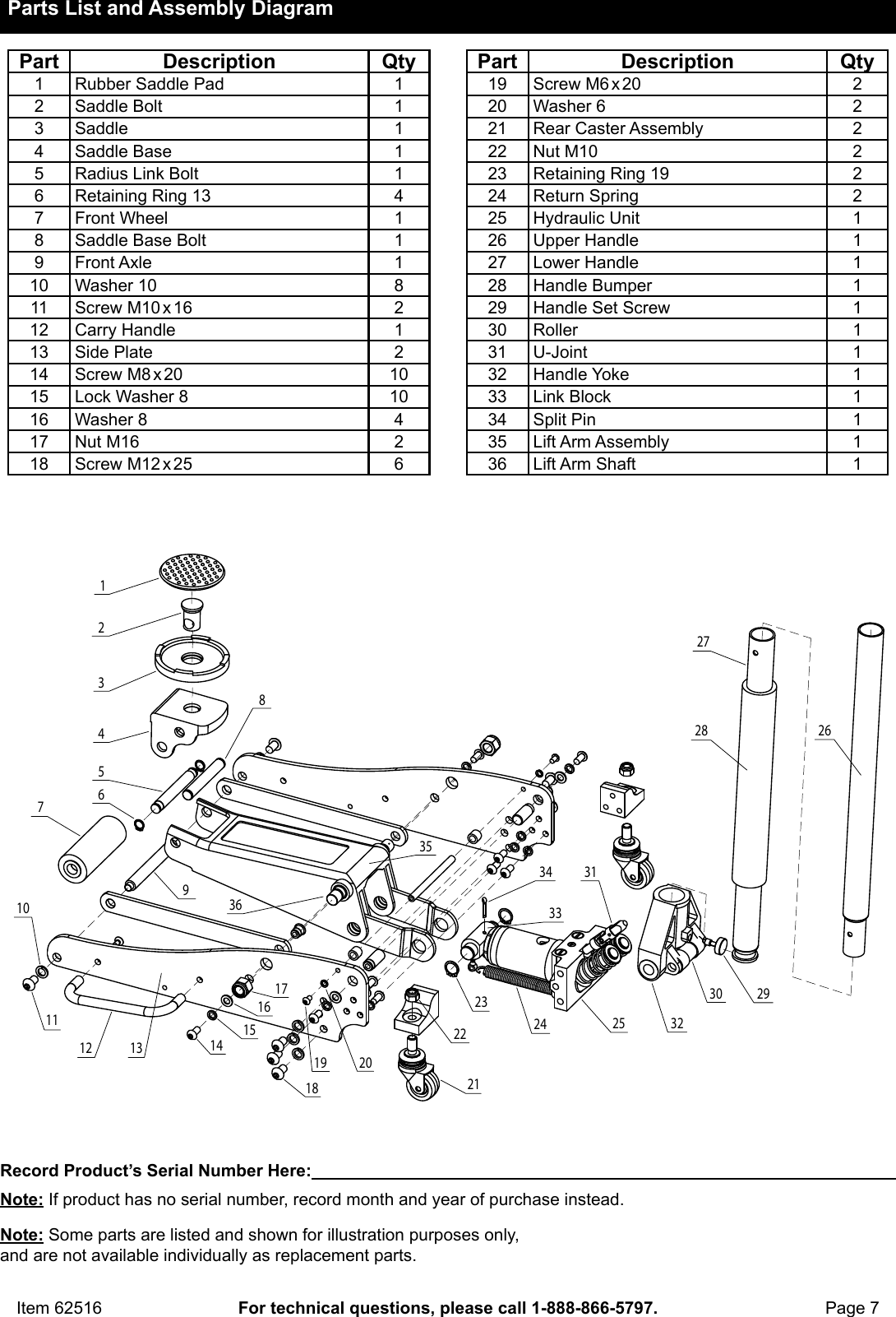 Page 7 of 8 - Manual For The 62516 1.5 Ton Compact Aluminum Racing Floor Jack With Rapid Pump®