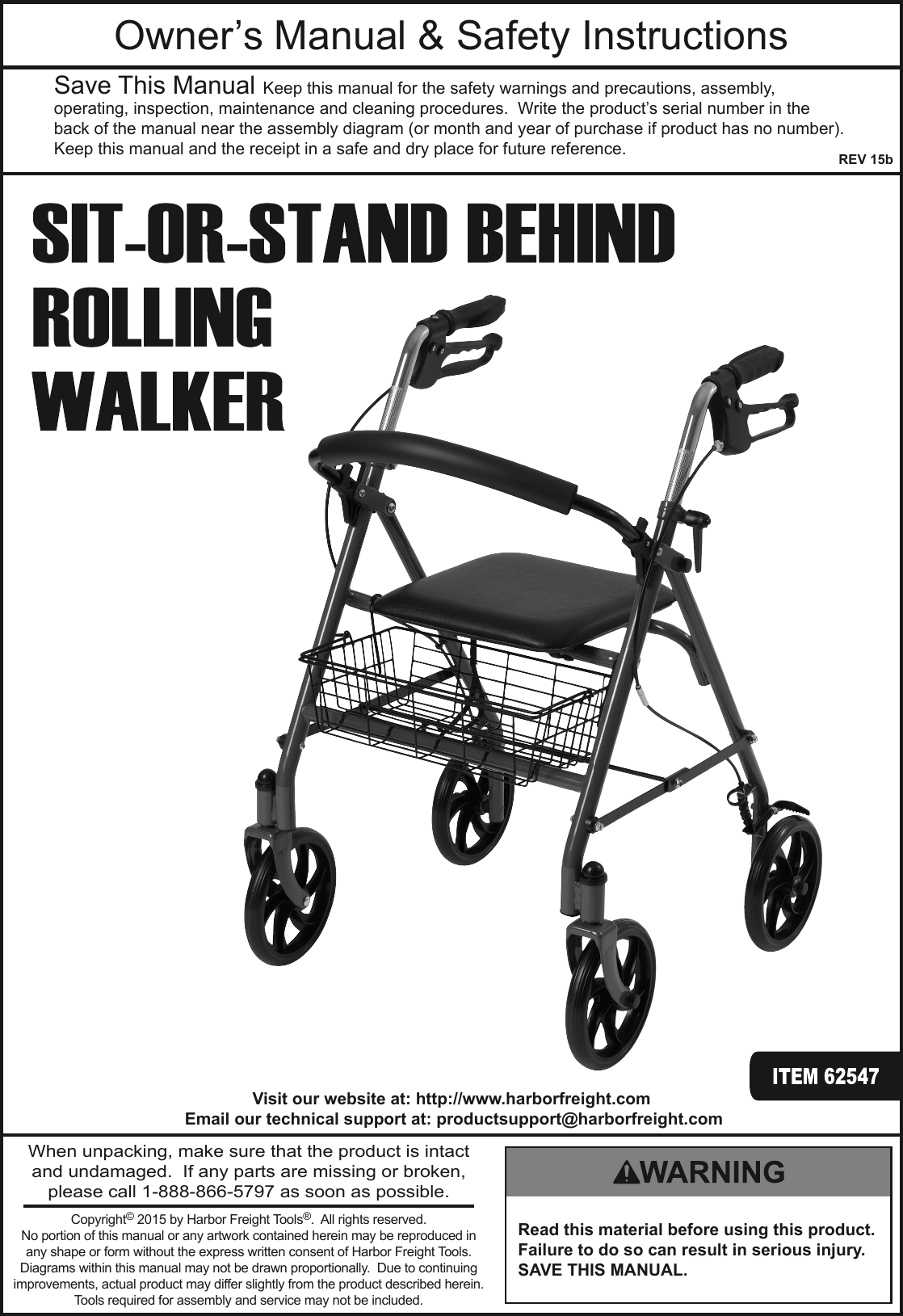 Manual For The 62547 Sit or Stand Behind Rolling Walker