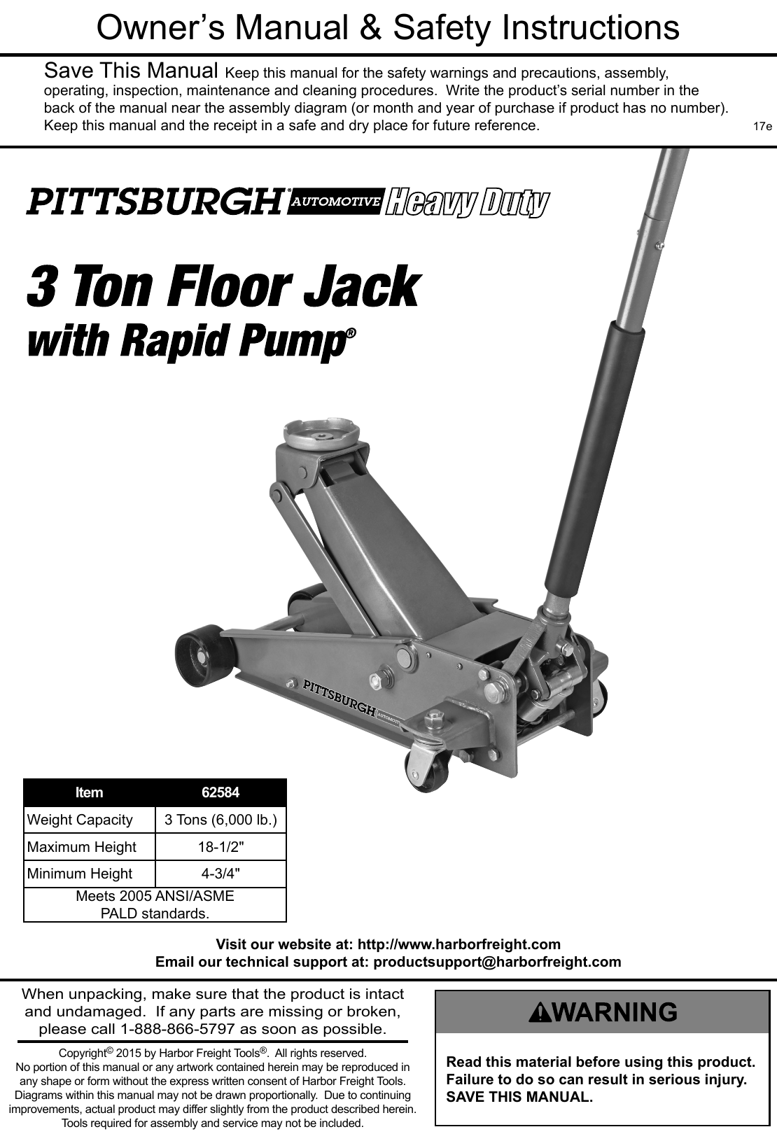 Manual For The 62584 3 Ton Steel Heavy Duty Floor Jack With Rapid Pump