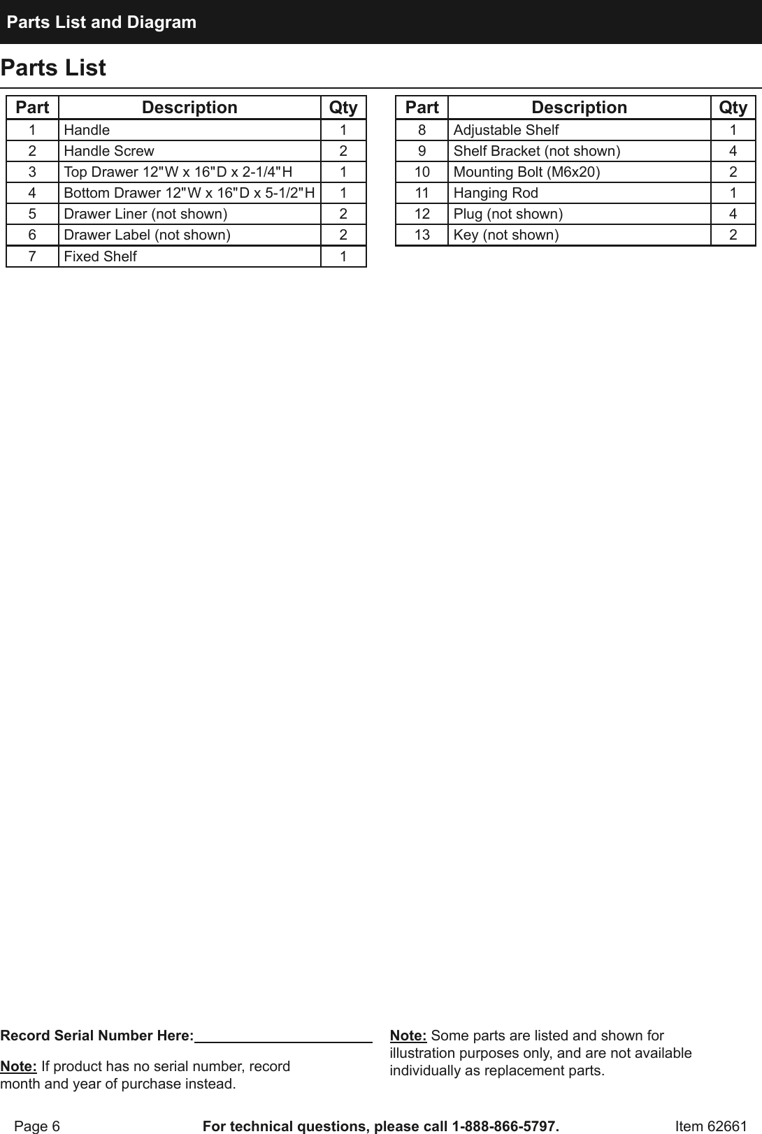 Page 6 of 8 - Manual For The 62661 18 In. Glossy Red End Cabinet Roller Tool Chest