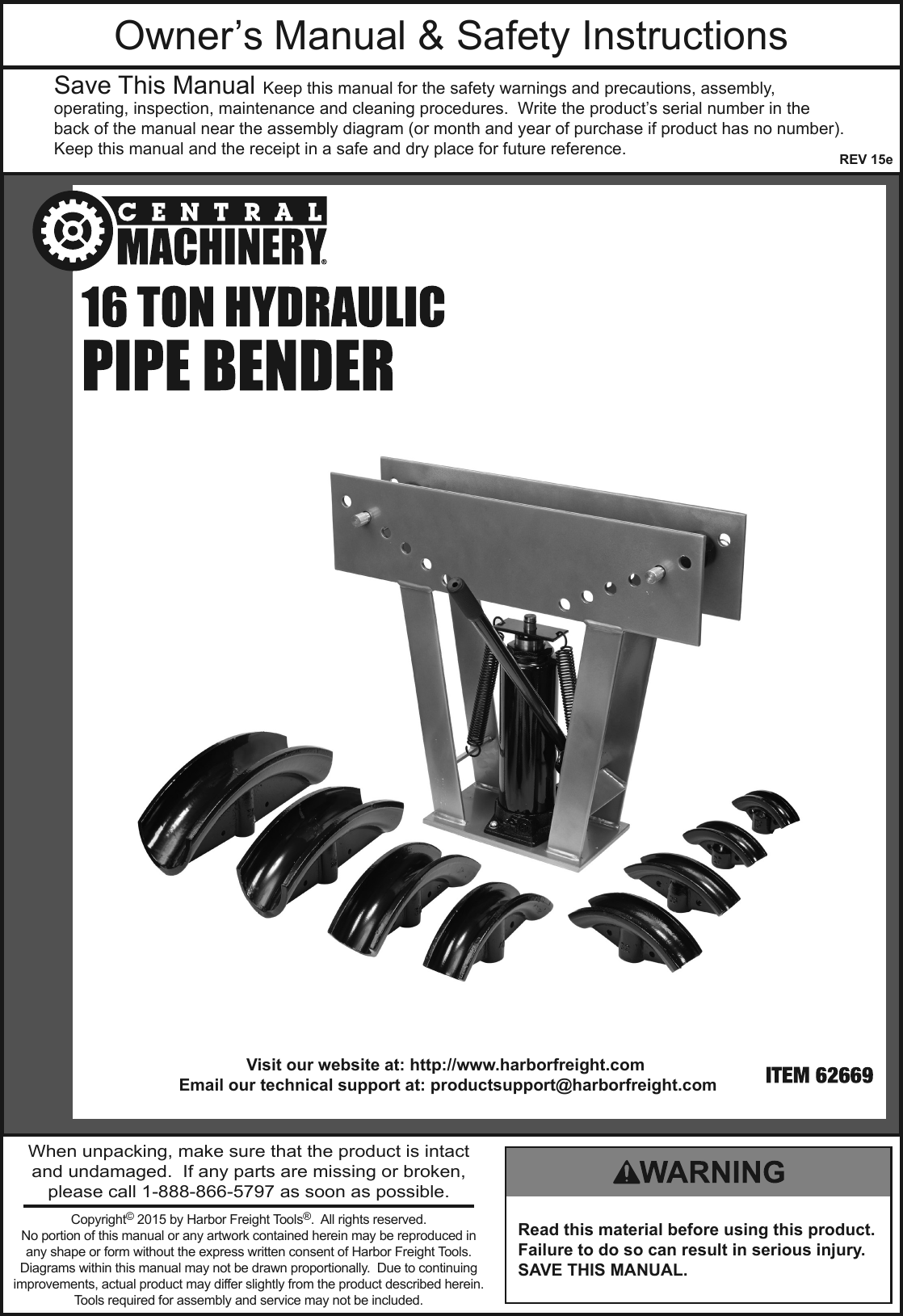 Page 1 of 12 - Manual For The 62669 16 Ton Heavy Duty Hydraulic Pipe Bender