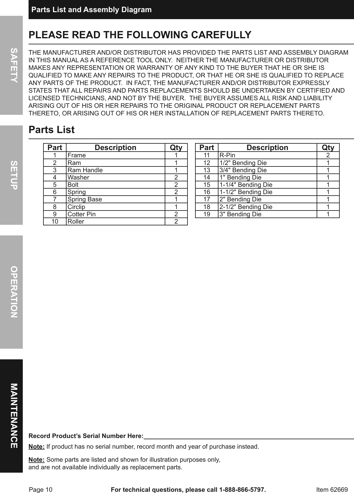 Page 10 of 12 - Manual For The 62669 16 Ton Heavy Duty Hydraulic Pipe Bender