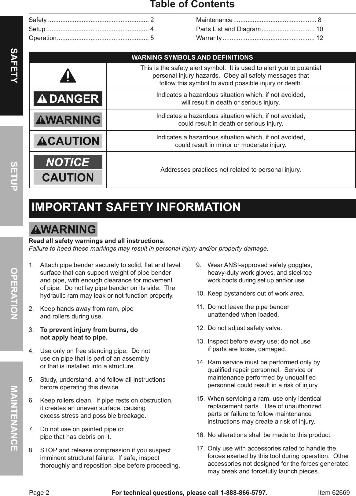 Page 2 of 12 - Manual For The 62669 16 Ton Heavy Duty Hydraulic Pipe Bender