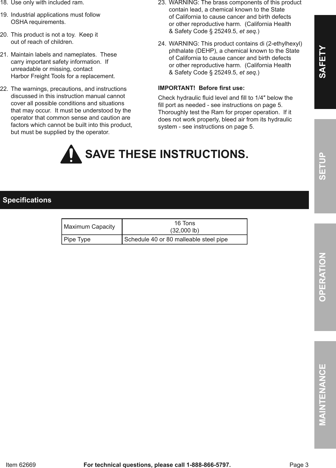 Page 3 of 12 - Manual For The 62669 16 Ton Heavy Duty Hydraulic Pipe Bender