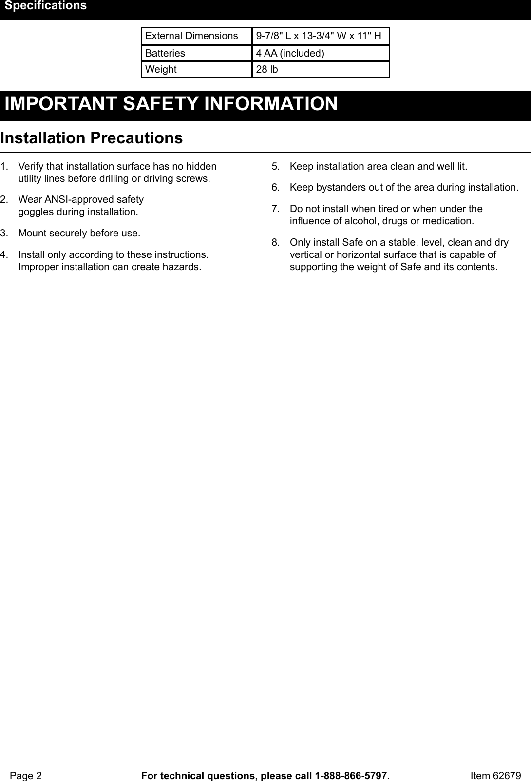 Page 2 of 8 - Manual For The 62679 0.71 Cu. Ft. Electronic Digital Safe