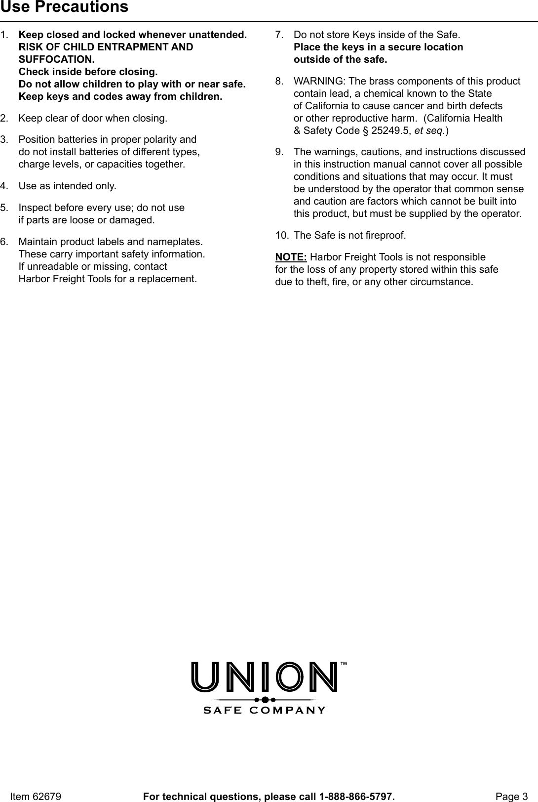 Page 3 of 8 - Manual For The 62679 0.71 Cu. Ft. Electronic Digital Safe