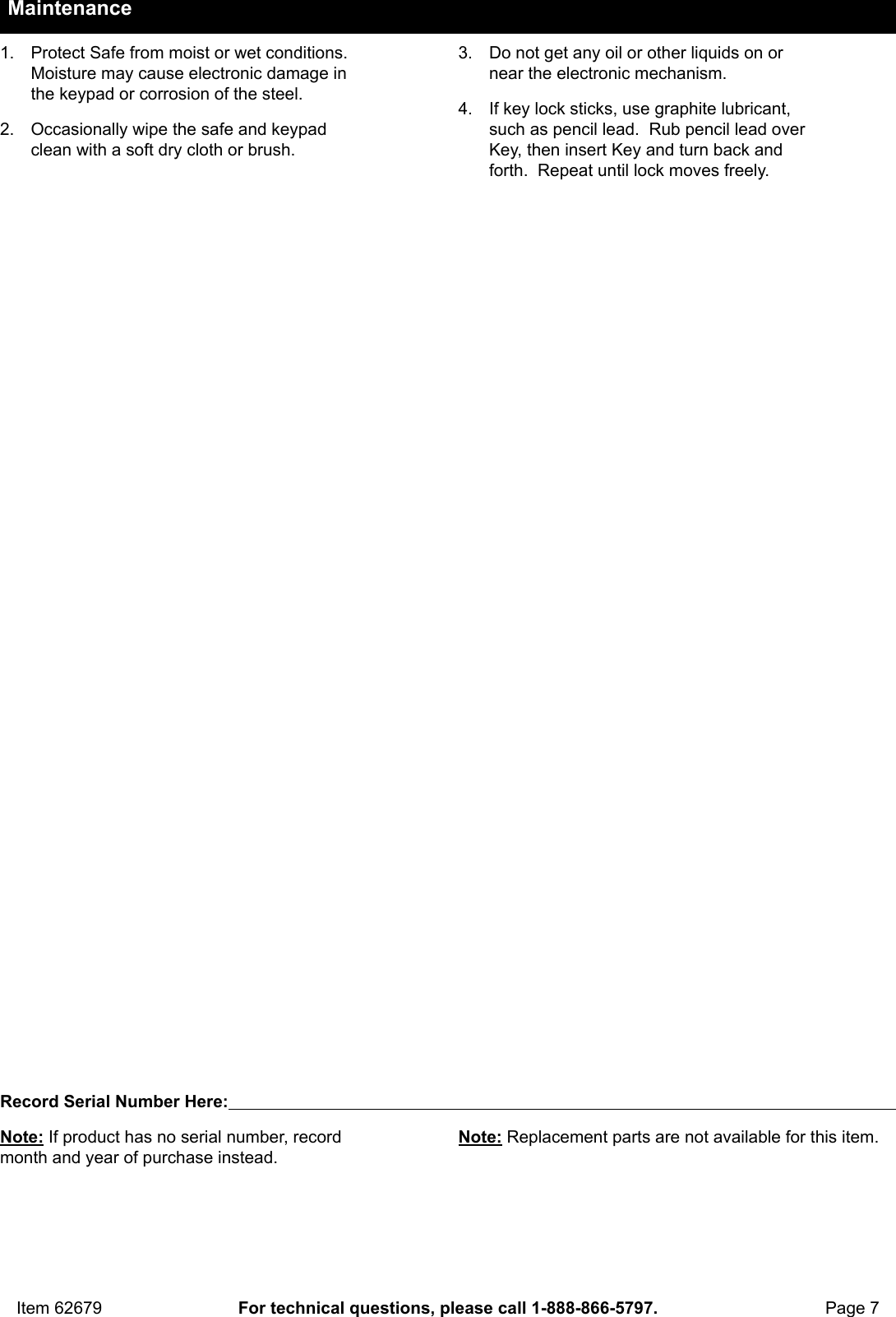 Page 7 of 8 - Manual For The 62679 0.71 Cu. Ft. Electronic Digital Safe