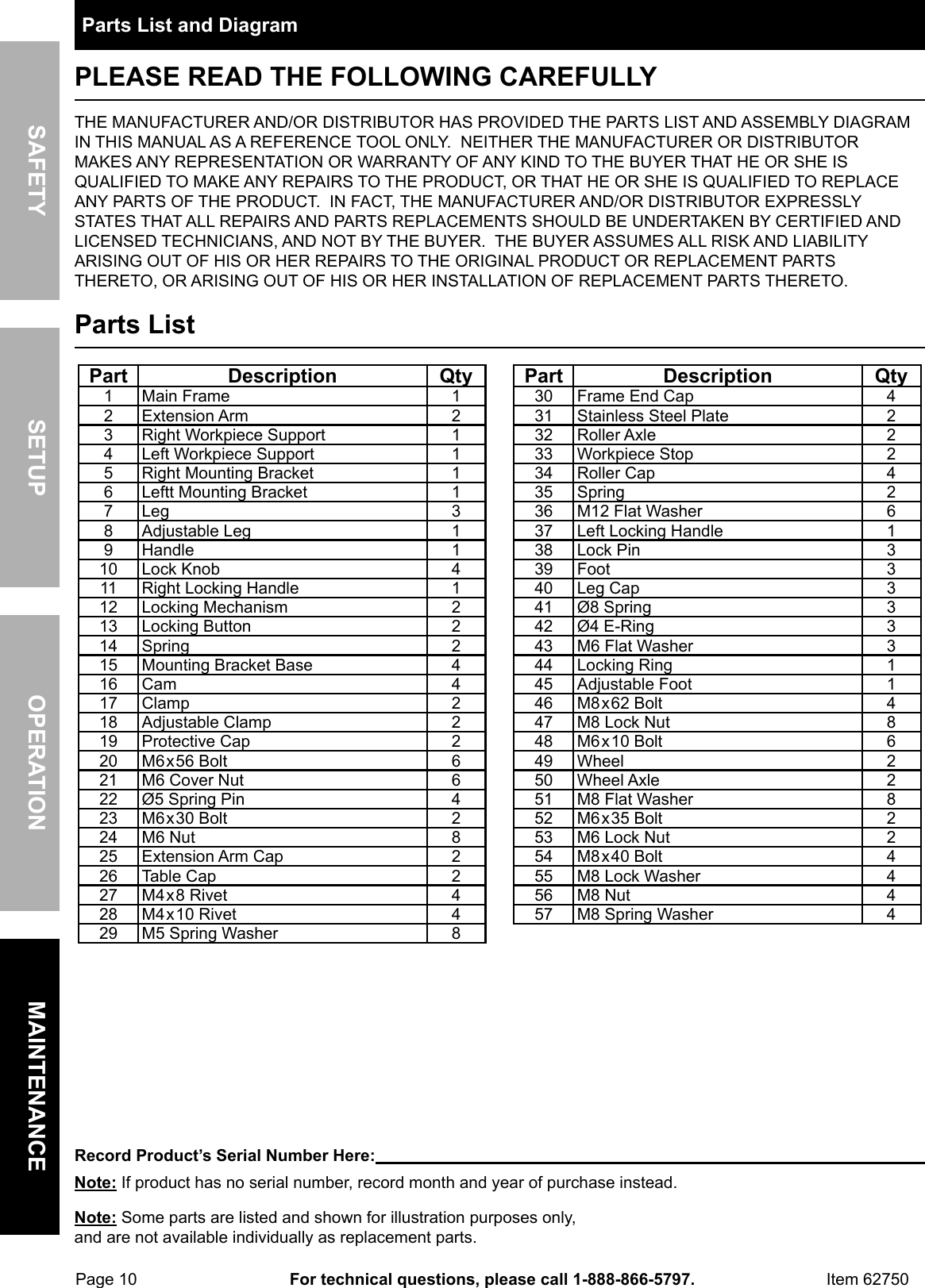 Page 10 of 12 - Manual For The 62750 Heavy Duty Mobile Miter Saw Stand