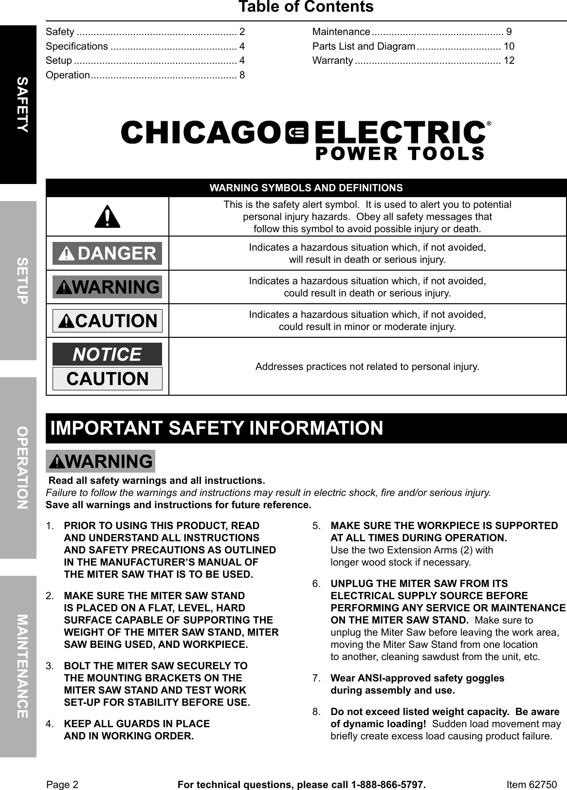 Page 2 of 12 - Manual For The 62750 Heavy Duty Mobile Miter Saw Stand