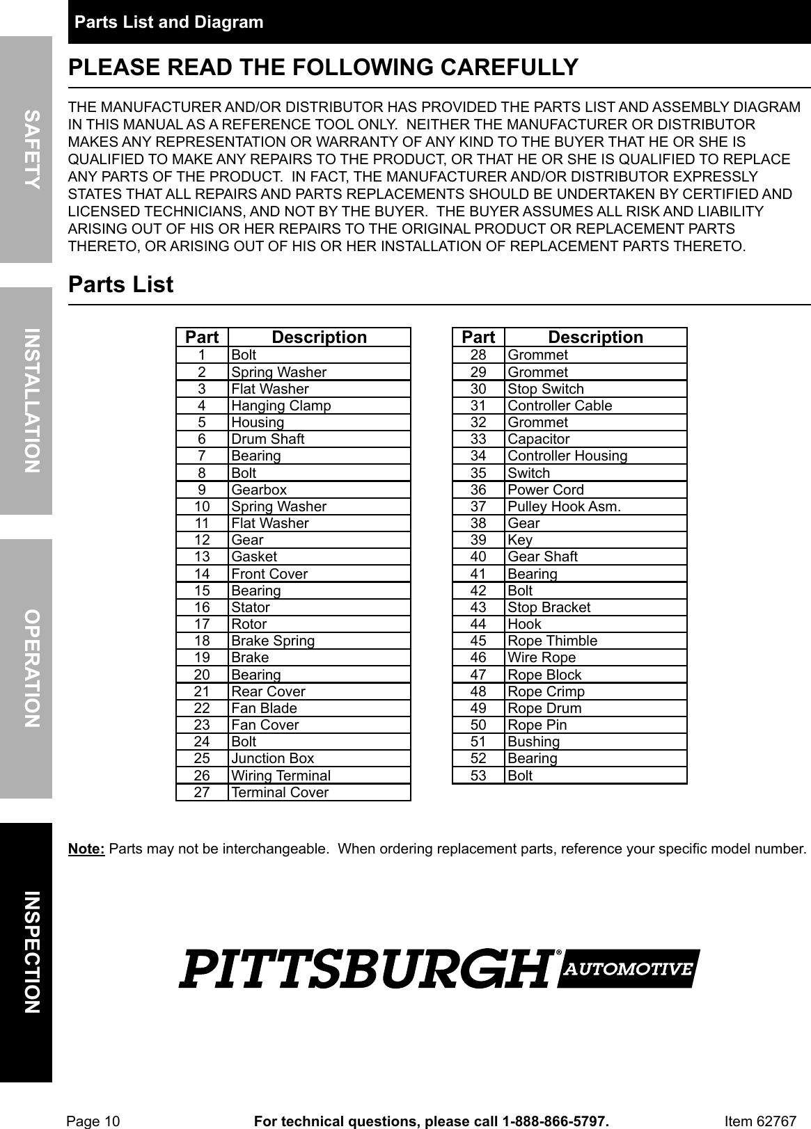 Page 10 of 12 - Manual For The 62767 440 Lb. Electric Hoist With Remote Control