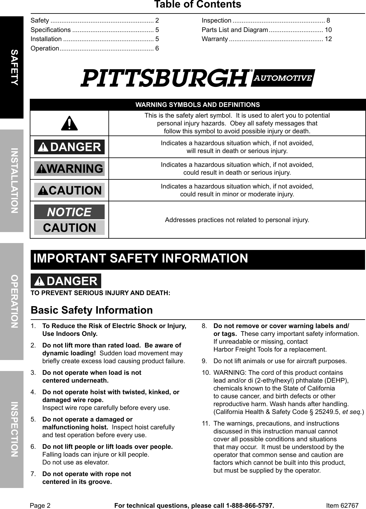 Page 2 of 12 - Manual For The 62767 440 Lb. Electric Hoist With Remote Control