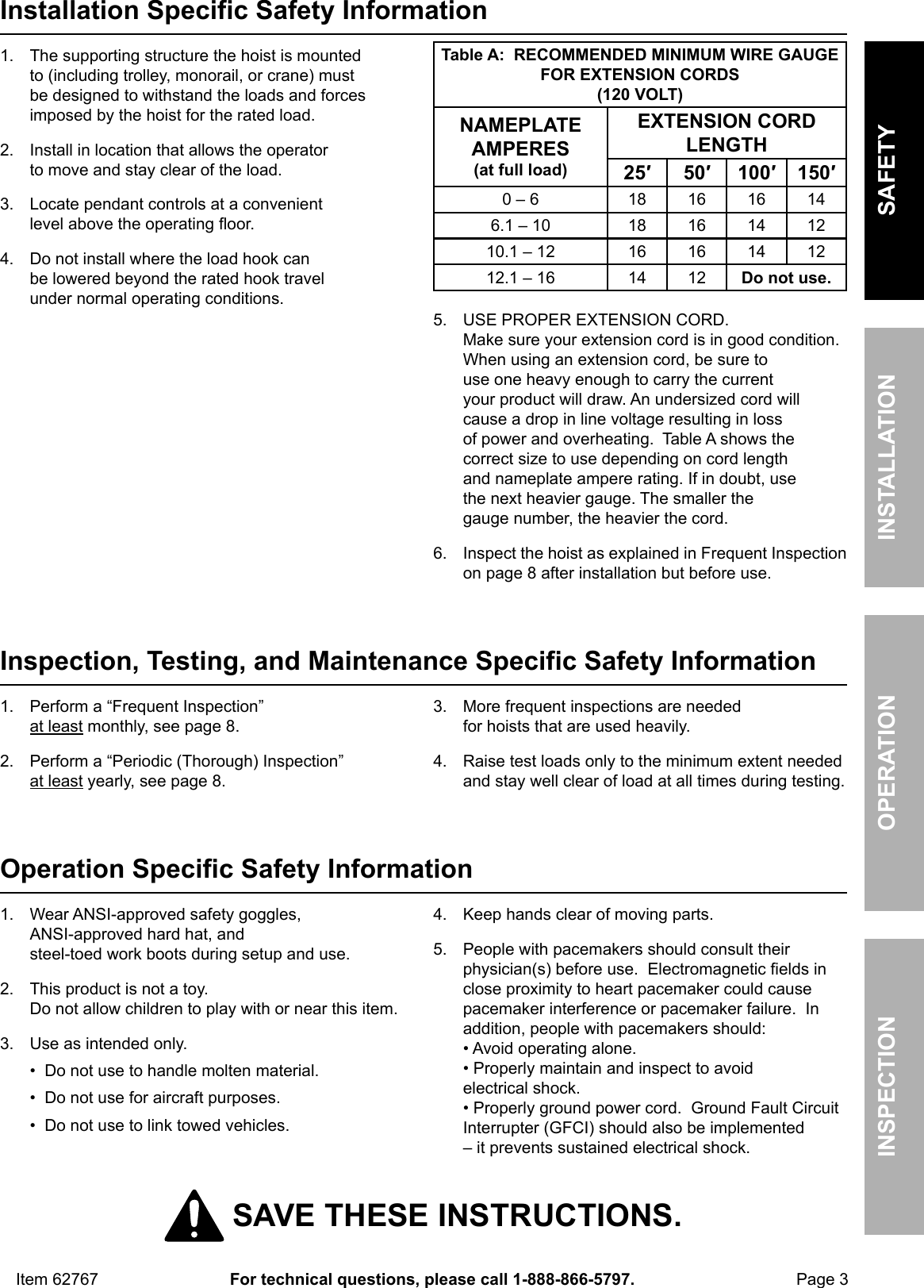 Page 3 of 12 - Manual For The 62767 440 Lb. Electric Hoist With Remote Control