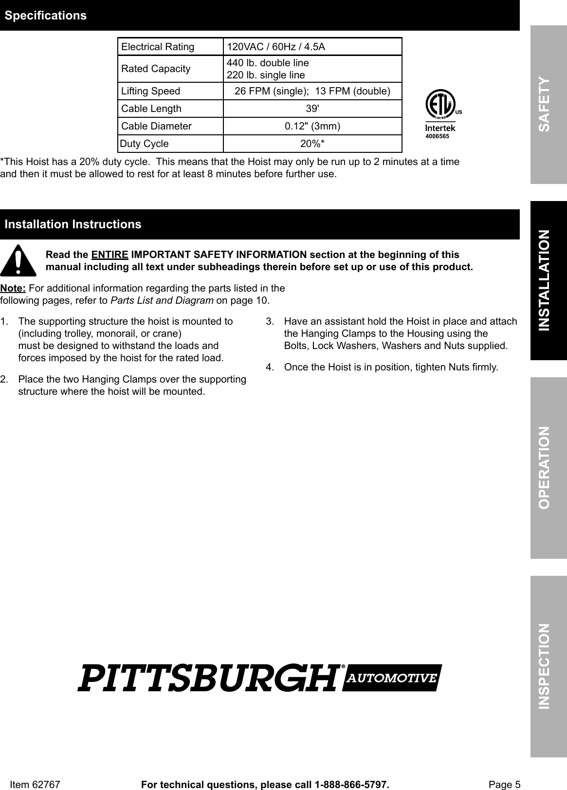 Page 5 of 12 - Manual For The 62767 440 Lb. Electric Hoist With Remote Control