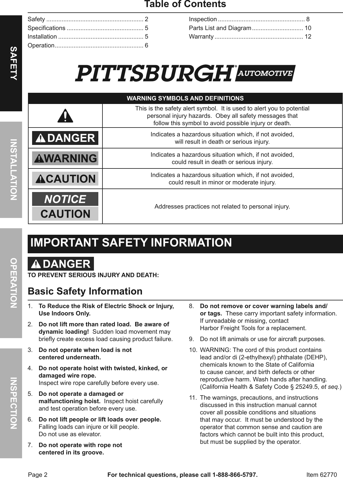 Page 2 of 12 - Manual For The 62770 2000 Lb. Electric Hoist With Remote Control