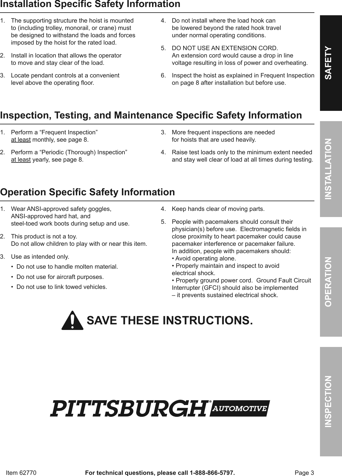 Page 3 of 12 - Manual For The 62770 2000 Lb. Electric Hoist With Remote Control