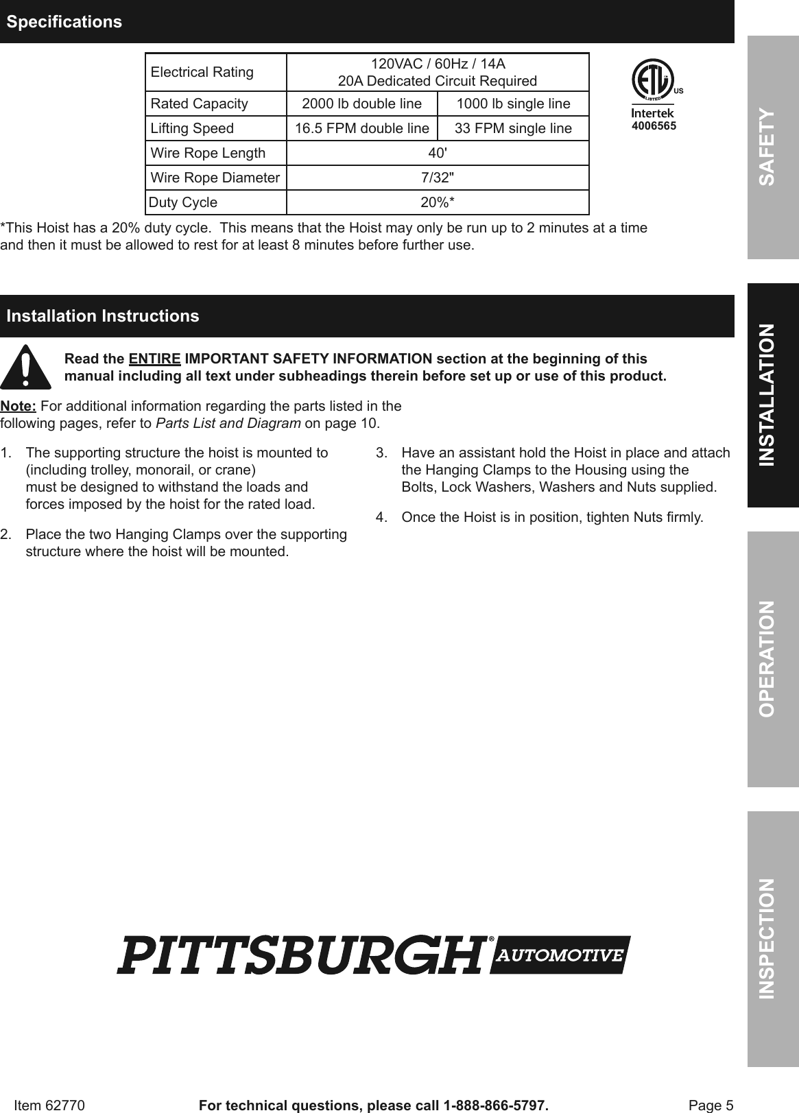 Page 5 of 12 - Manual For The 62770 2000 Lb. Electric Hoist With Remote Control