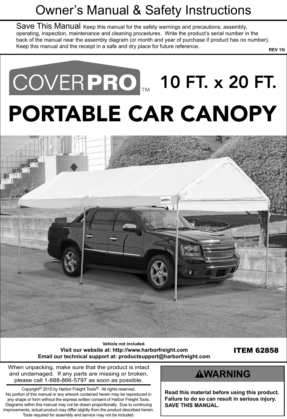 Manual For The 62858 10 Ft X 20 Portable Car Canopy