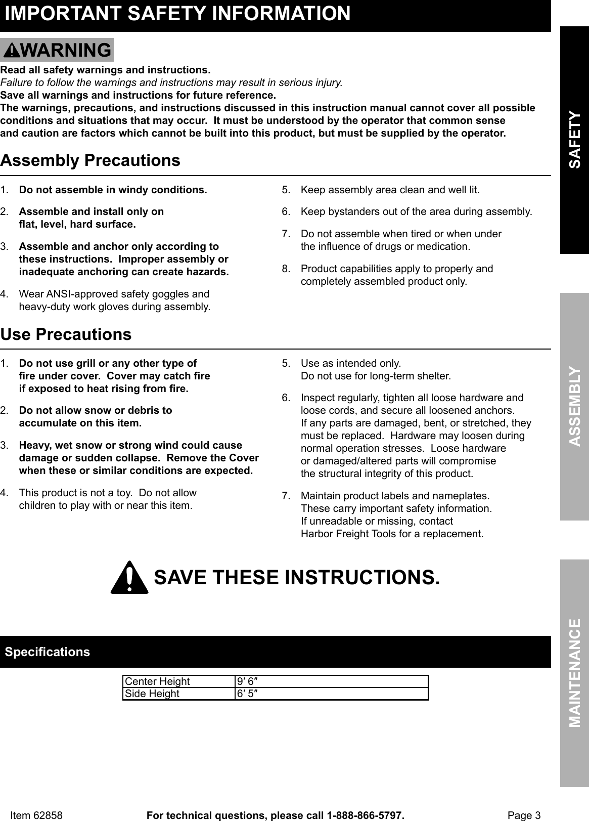 Page 3 of 12 - Manual For The 62858 10 Ft. X 20 Portable Car Canopy