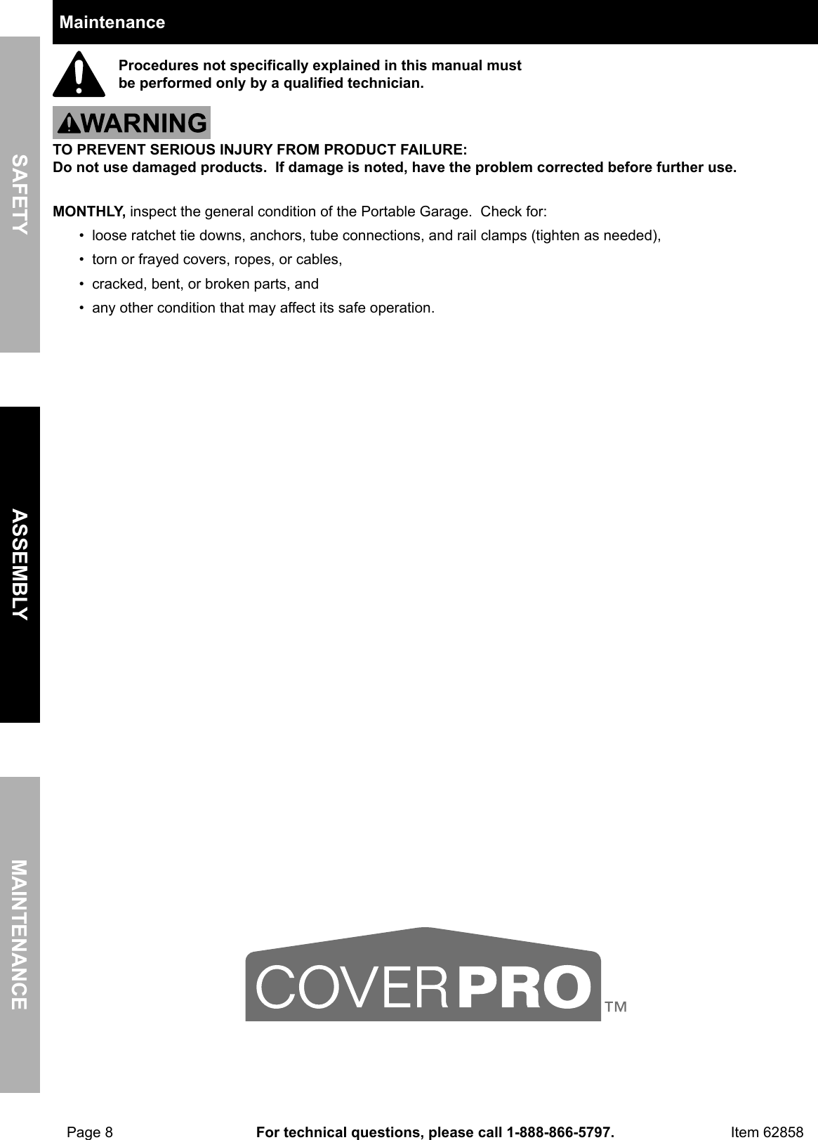 Page 8 of 12 - Manual For The 62858 10 Ft. X 20 Portable Car Canopy