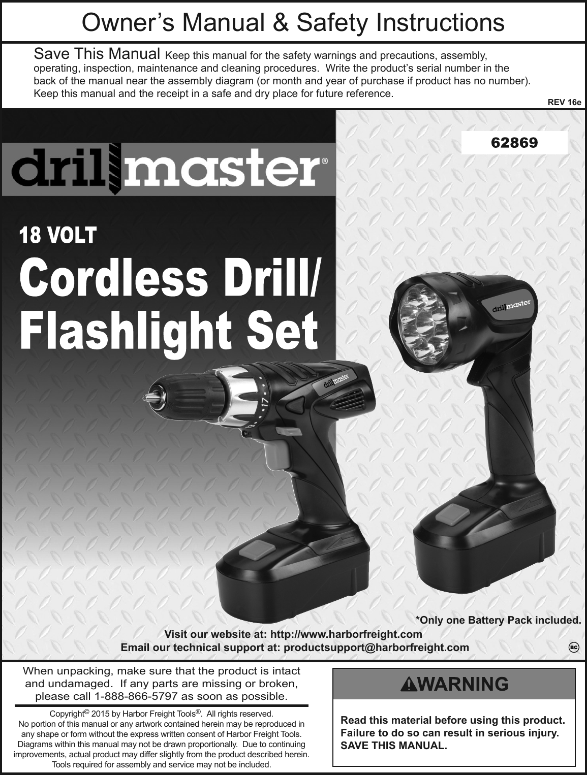 Page 1 of 12 - Manual For The 62869 18 Volt 3/8 In. Cordless Drill/Driver And Flashlight Kit
