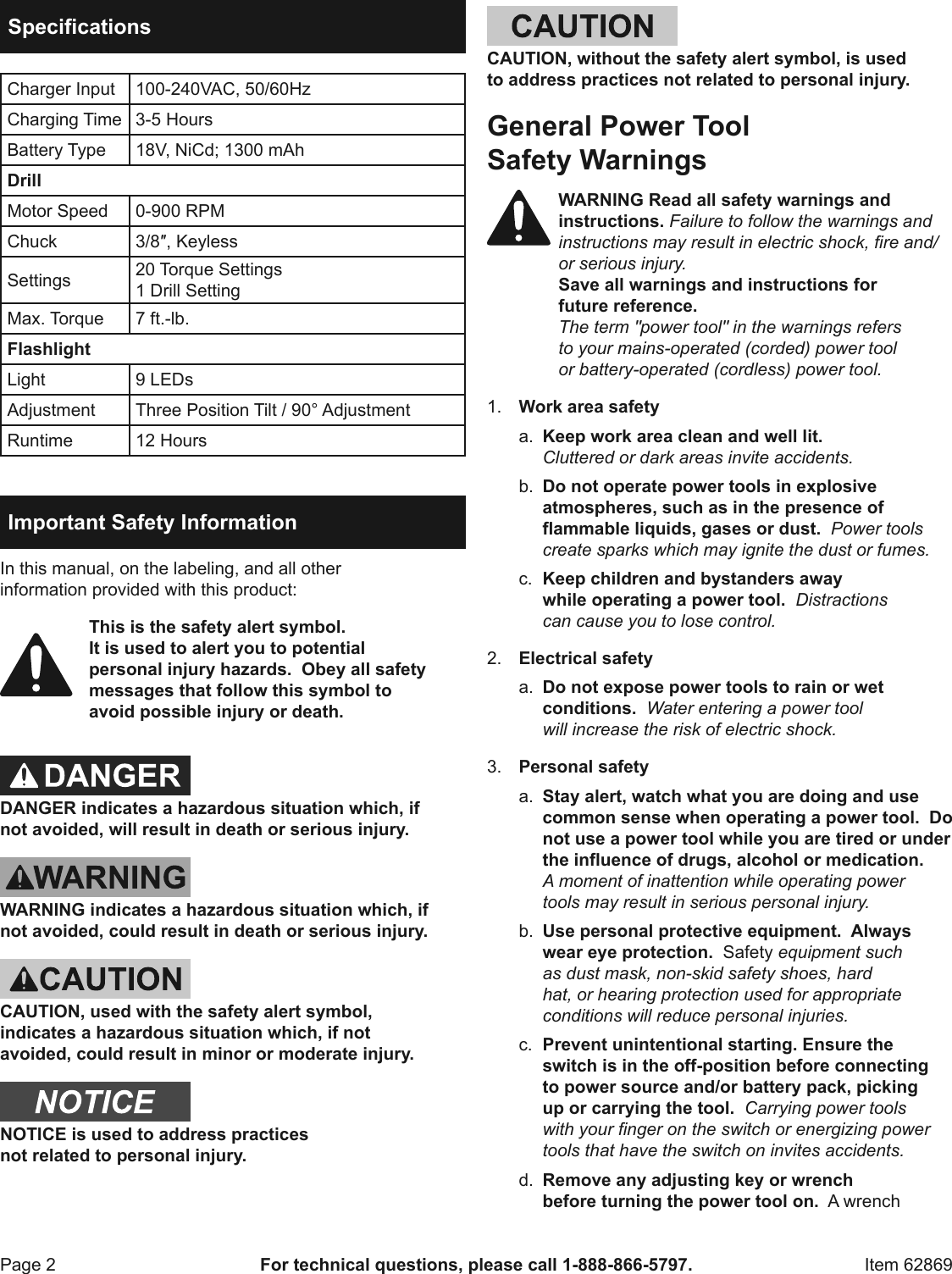 Page 2 of 12 - Manual For The 62869 18 Volt 3/8 In. Cordless Drill/Driver And Flashlight Kit
