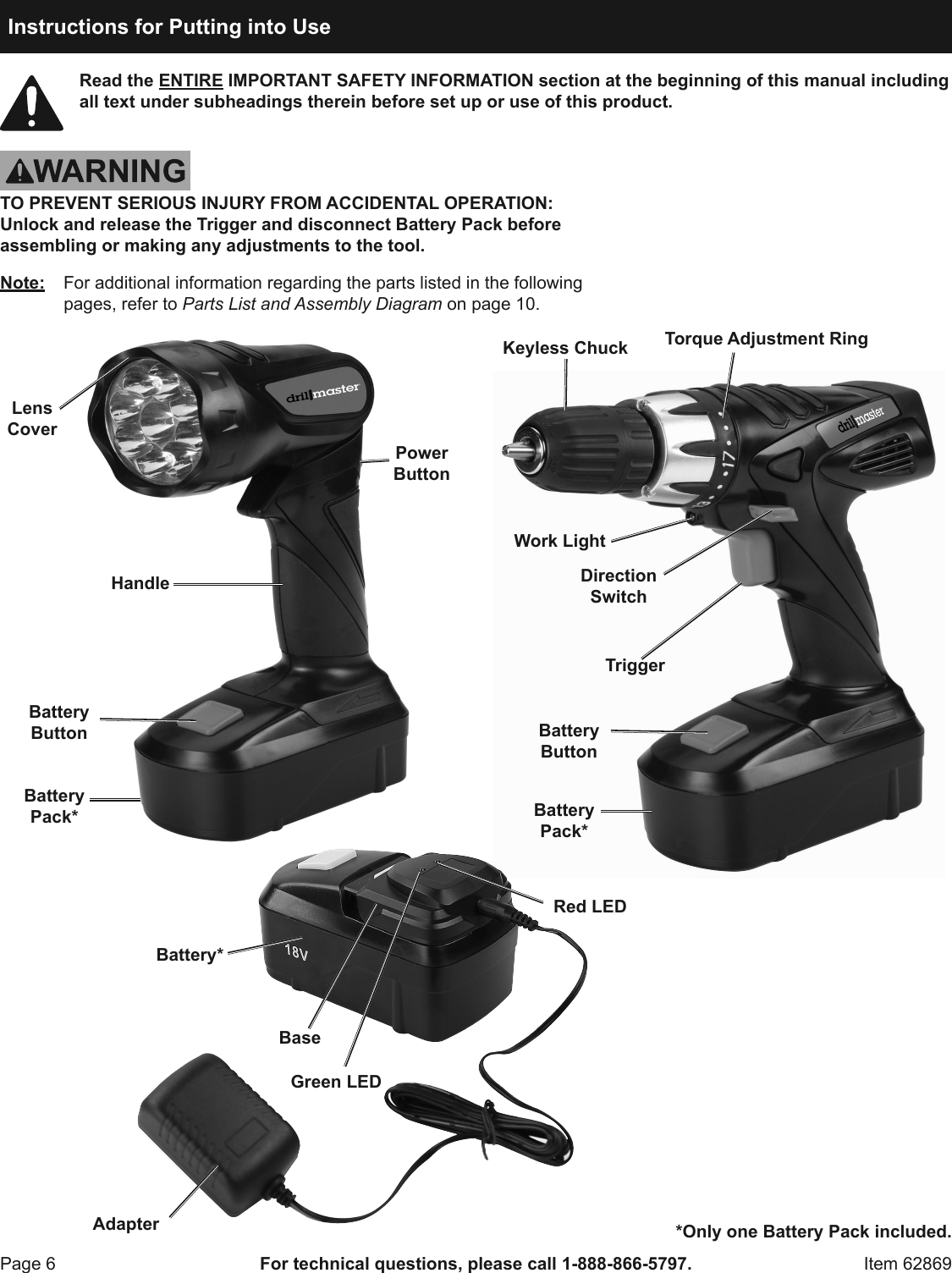 Page 6 of 12 - Manual For The 62869 18 Volt 3/8 In. Cordless Drill/Driver And Flashlight Kit