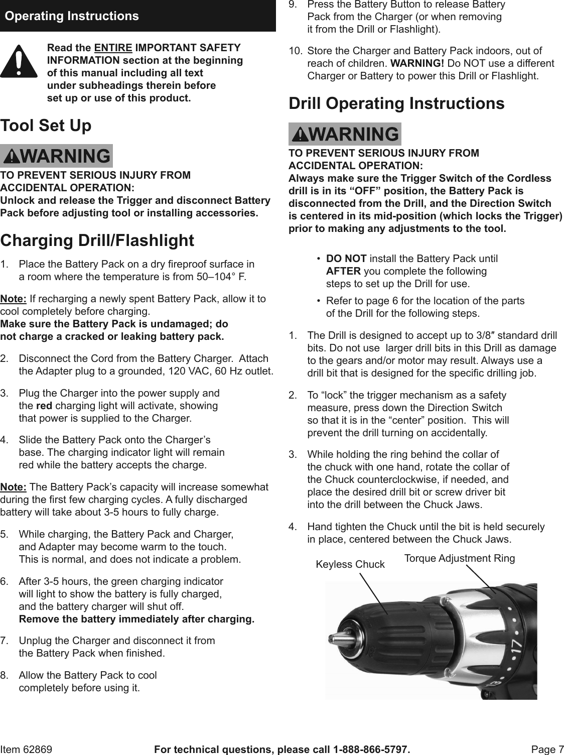 Page 7 of 12 - Manual For The 62869 18 Volt 3/8 In. Cordless Drill/Driver And Flashlight Kit