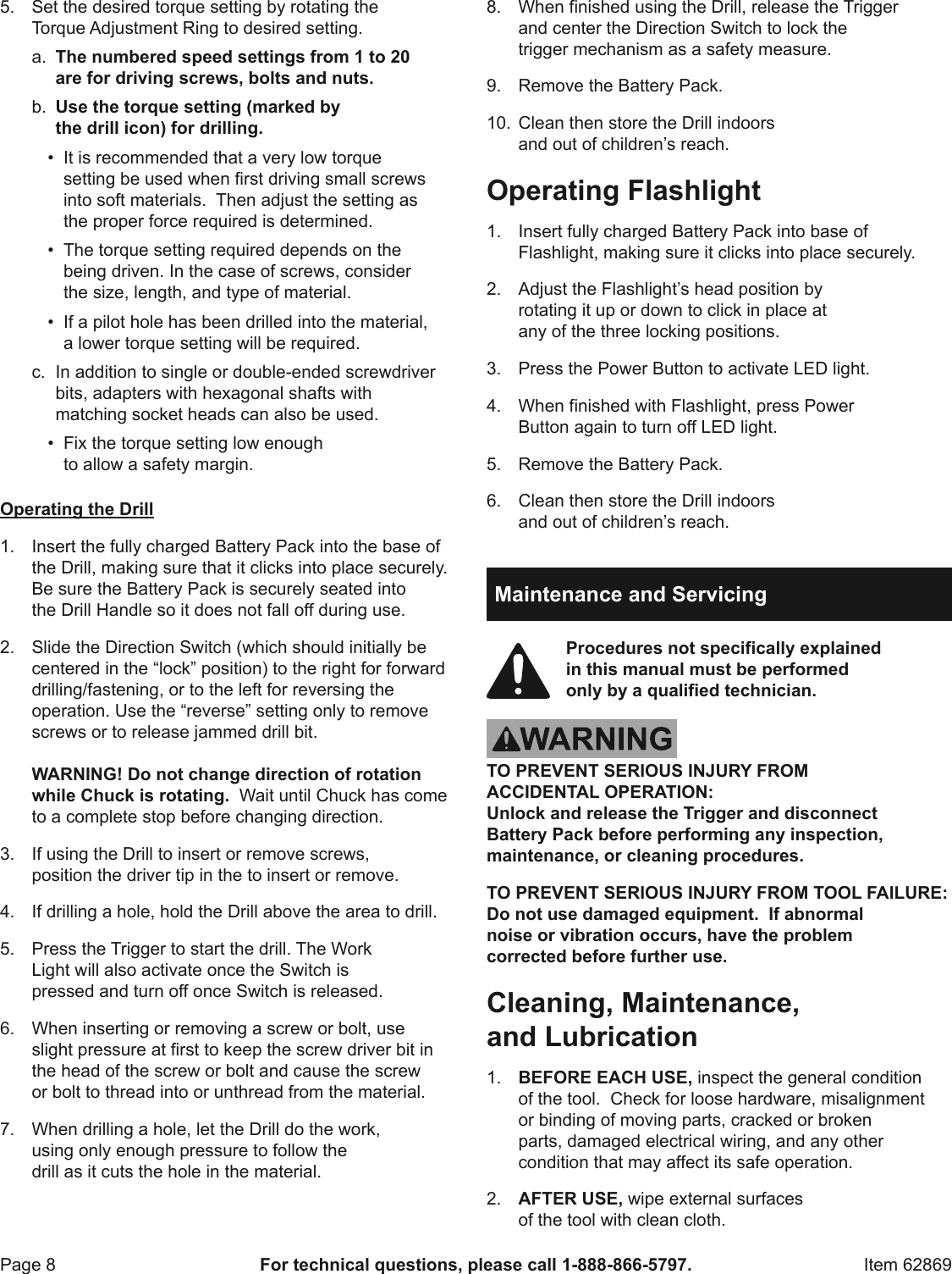 Page 8 of 12 - Manual For The 62869 18 Volt 3/8 In. Cordless Drill/Driver And Flashlight Kit