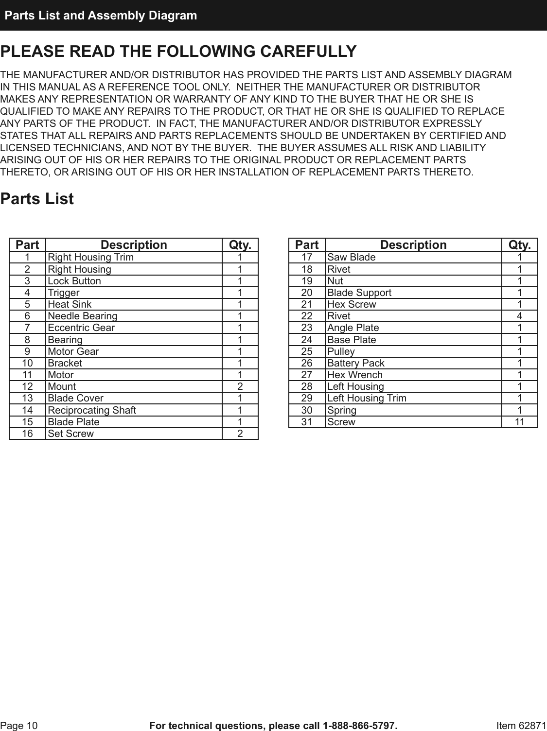 Page 10 of 12 - Manual For The 62871 18 Volt Cordless Jig Saw