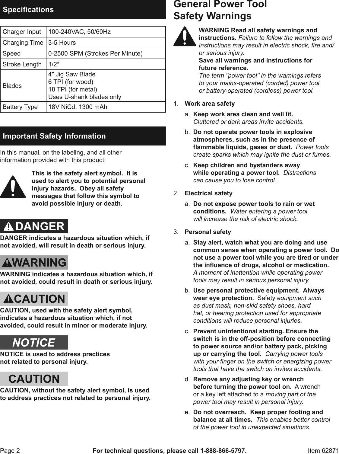Page 2 of 12 - Manual For The 62871 18 Volt Cordless Jig Saw