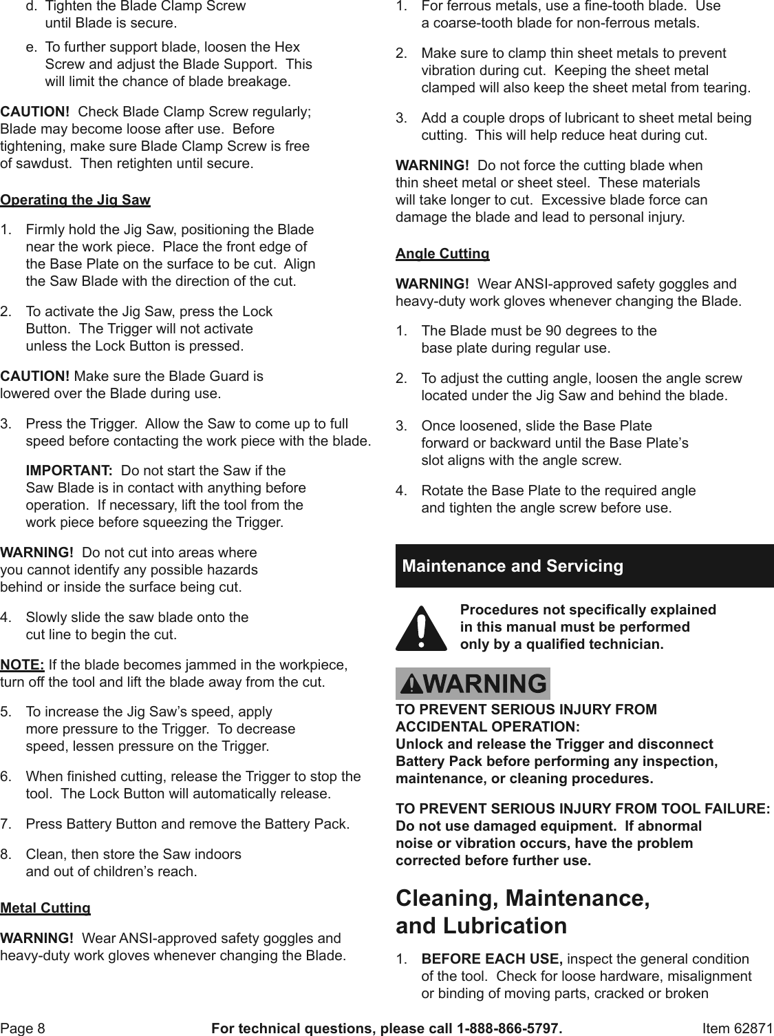 Page 8 of 12 - Manual For The 62871 18 Volt Cordless Jig Saw