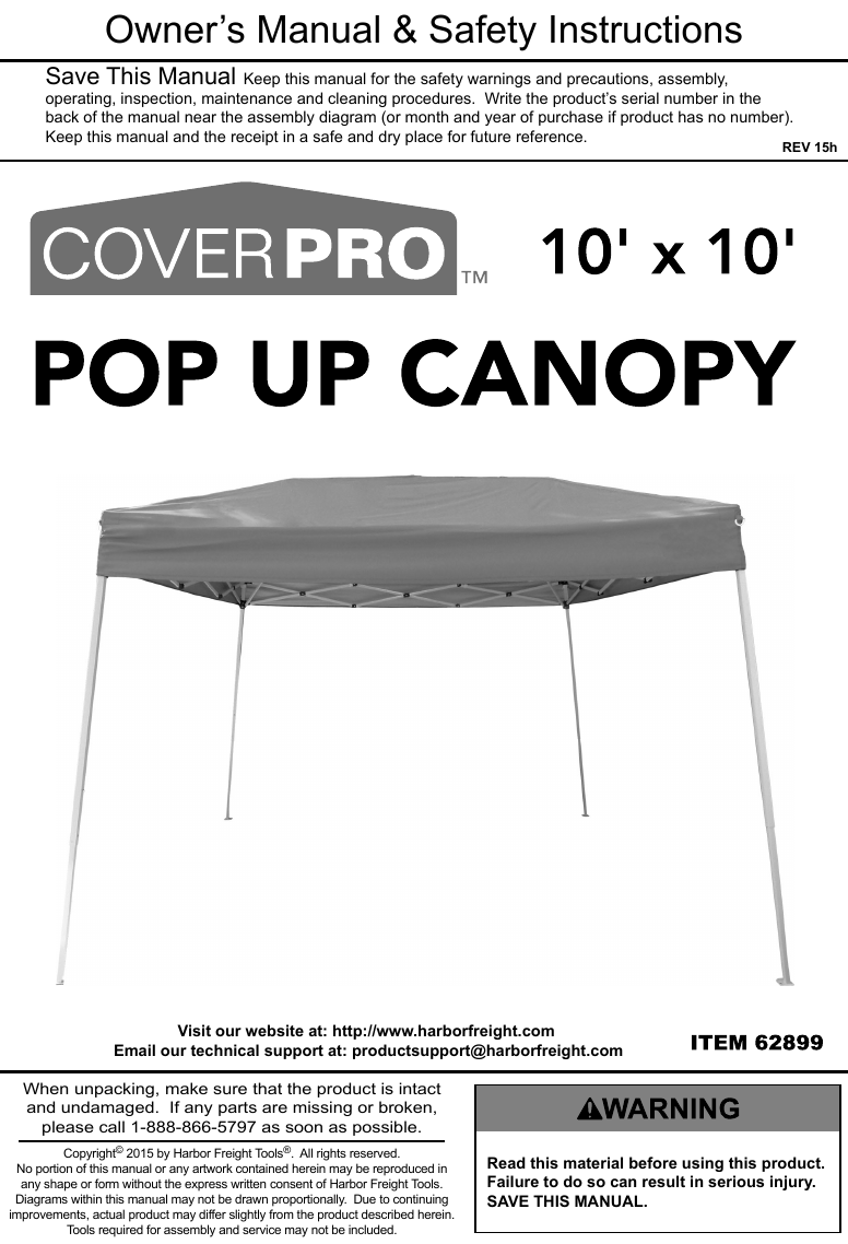 Page 1 of 8 - Manual For The 62899 10 Ft. X Popup Canopy