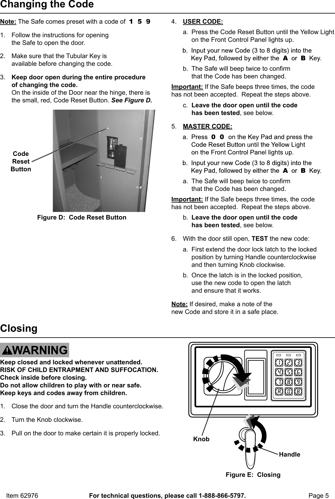 Page 5 of 8 - Manual For The 62976 10 Cu. Ft. 59 In. Electronic Executive Safe