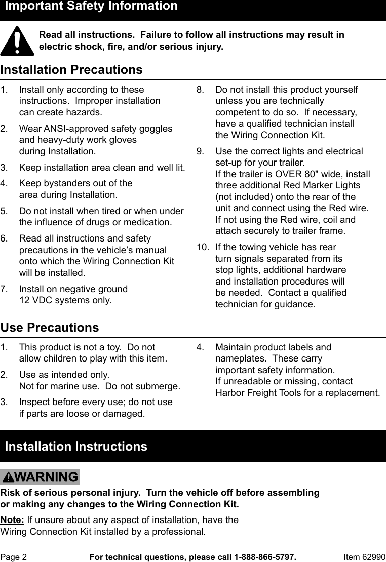 Manual For The 62990 Four Way Trailer Wiring Connection Kit