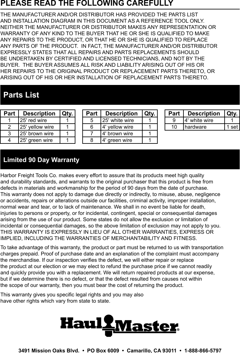 Manual For The 62990 Four Way Trailer Wiring Connection Kit