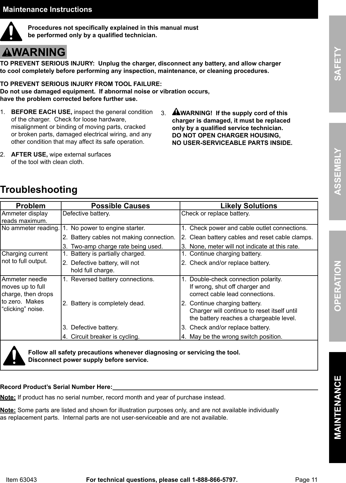 Page 11 of 12 - Manual For The 63043 2/40/200 Amp 6/12V Wheel Charger With Start